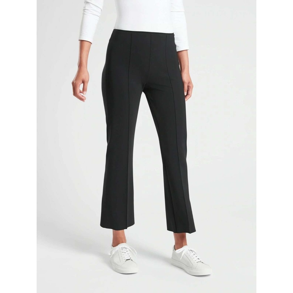 Athleta Mercurial Crop Flare Pants Black Pull On Seam Front Trousers Size M Chic